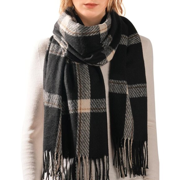 Accessories - Women's Black Winter Shawl Soft Tassel Plaid Large Oversized Scarves Wraps